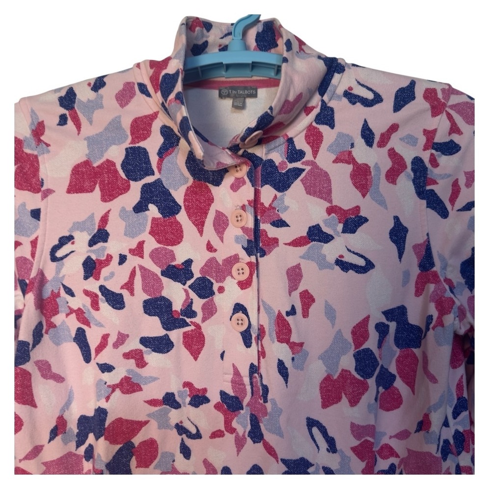 T by Talbots Pink Blue Print 3 Button Mock Neck Long‎ Sleeve Pullover Top L